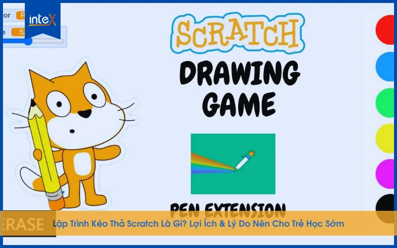 Hình minh họa lập trình kéo thả Scratch với giao diện trực quan, giúp trẻ dễ dàng học lập trình và phát triển tư duy sáng tạo.