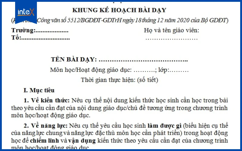 Cấu trúc giáo án chuẩn công văn 5512