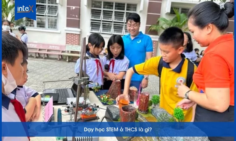 Học sinh THCS tham gia hoạt động STEM ngoài trời cùng giáo viên, thảo luận và thực hành theo nhóm