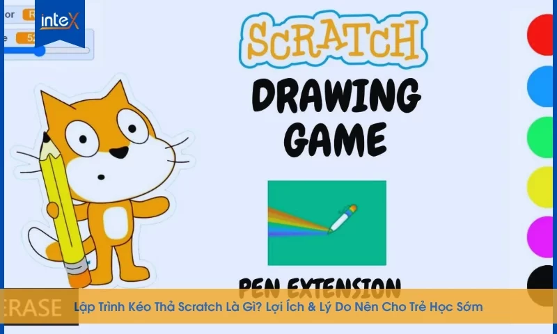 Hình minh họa lập trình kéo thả Scratch với giao diện trực quan, giúp trẻ dễ dàng học lập trình và phát triển tư duy sáng tạo.